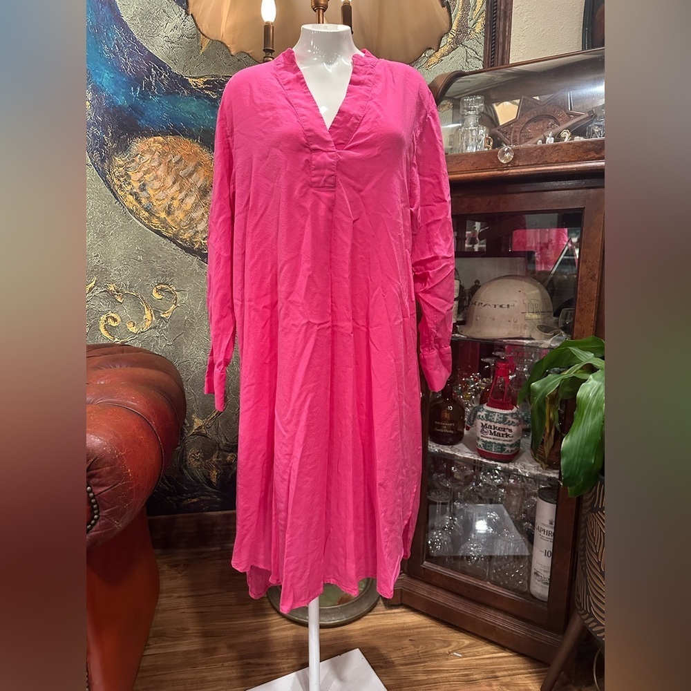 H&M Hot Pink Lyocell Blend V-Neck Kaftan Tunic Resort Dress Size Small - Picture 3 of 10
